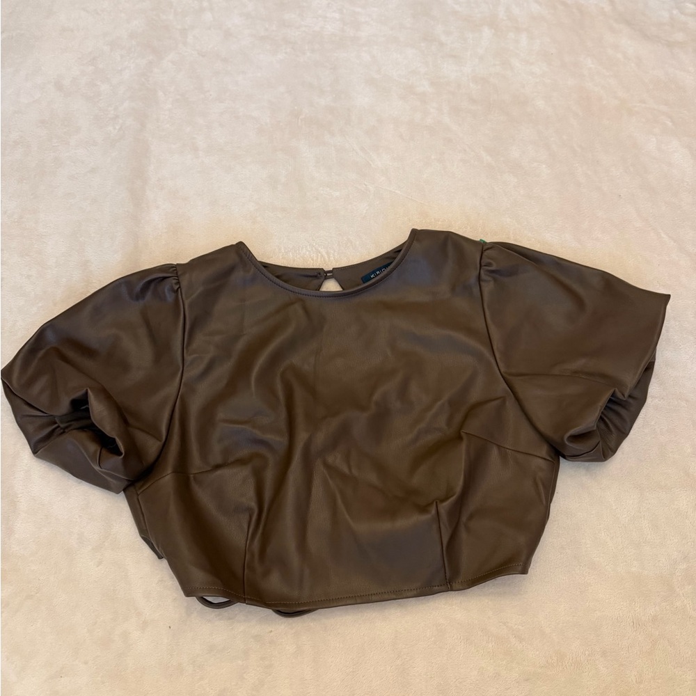 Kirious:Brown Faux Leather Puff Sleeve Top